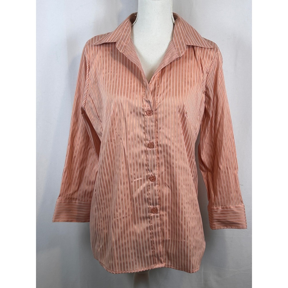 Adrianna Papell‎ Womens Coral Pink Striped 3/4 Sleeve Button Up Blouse Top XL